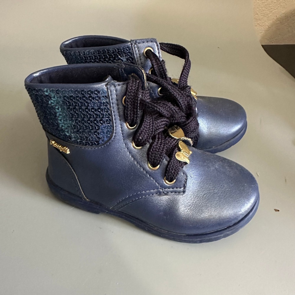 Pampili Girls Navy Blue Metallic Sequin Lace Up Ankle Boots Gold Charms Zipper